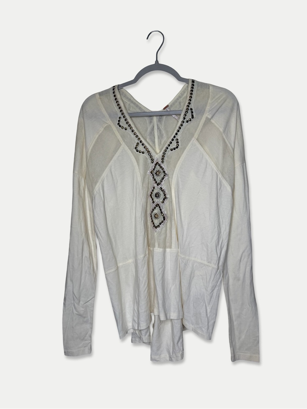 Free People Blouse Cream Size XS Beaded and Sequined Oversized GUC